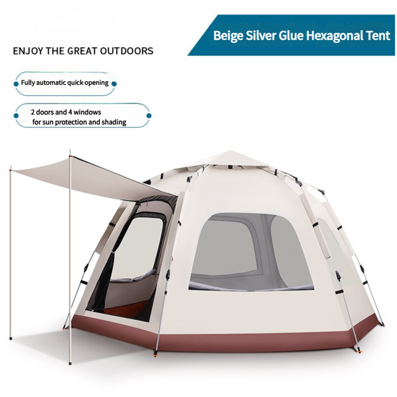 5-8 Person Hexagonal Camping Tent | Double-Layer Silver Coated Waterproof Shelter with Awning (280*280*158cm) V888-ELOSUNG11288