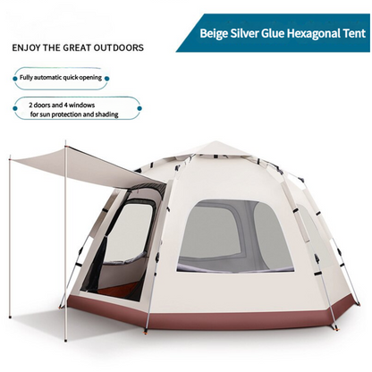 5-8 Person Hexagonal Camping Tent | Double-Layer Silver Coated Waterproof Shelter with Awning (280*280*158cm) V888-ELOSUNG11288