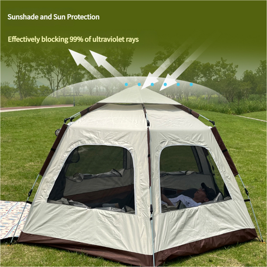 5-8 Person Hexagonal Camping Tent | Double-Layer Silver Coated Waterproof Shelter with Awning (280*280*158cm) V888-ELOSUNG11288