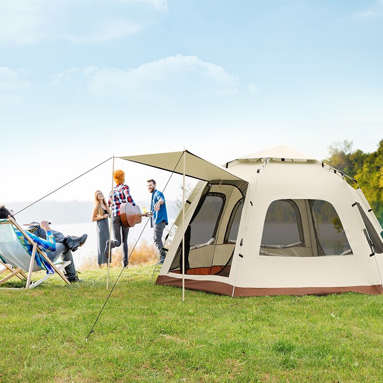 5-8 Person Hexagonal Camping Tent | Double-Layer Silver Coated Waterproof Shelter with Awning (280*280*158cm) V888-ELOSUNG11288