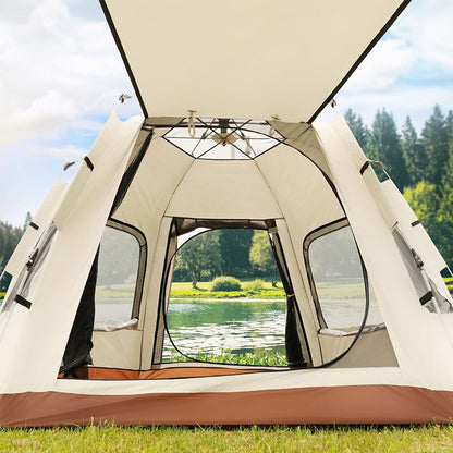 5-8 Person Hexagonal Camping Tent | Double-Layer Silver Coated Waterproof Shelter with Awning (280*280*158cm) V888-ELOSUNG11288