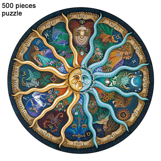 500 Piece Zodiac Circle Jigsaw Puzzle - Colorful Astrology Sun and Moon Jigsaw Puzzle for Adults and Kids V888-ELOSUNG11309