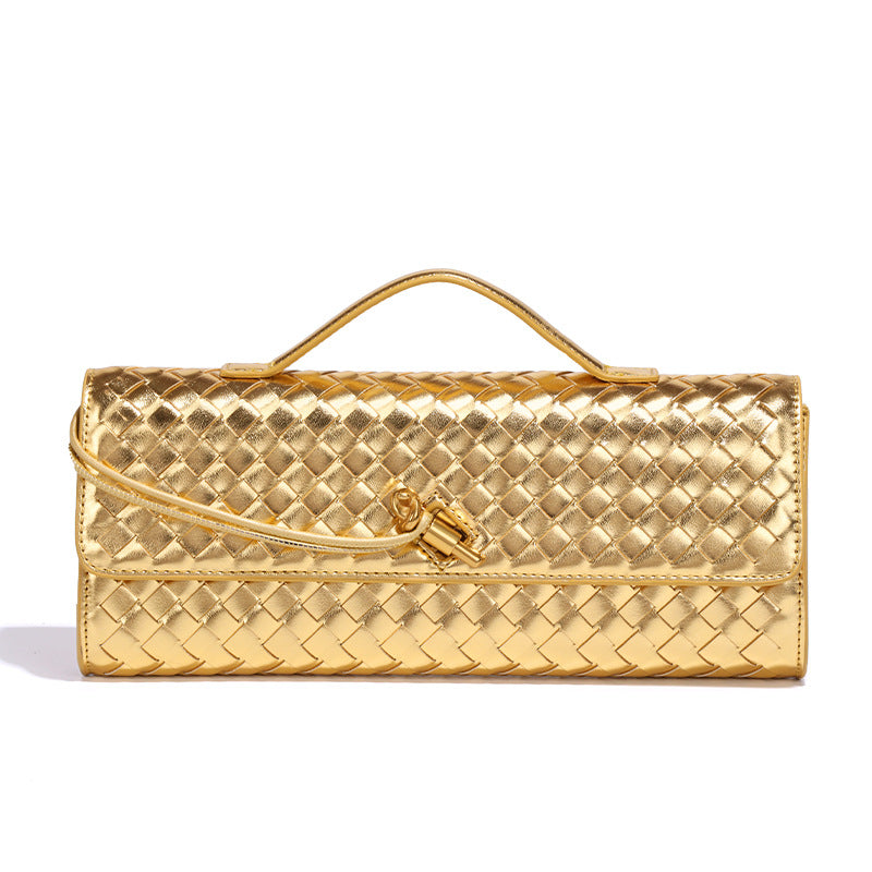 Gold Luxury Woven PU Leather Clutch - Elegant Women's Evening Baguette Bag with Adjustable Shoulder Strap V888-ELOSUNG11557