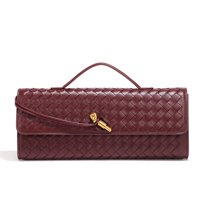 Wine Red Luxury Woven PU Leather Clutch - Elegant Women's Evening Baguette Bag with Adjustable Shoulder Strap V888-ELOSUNG11558