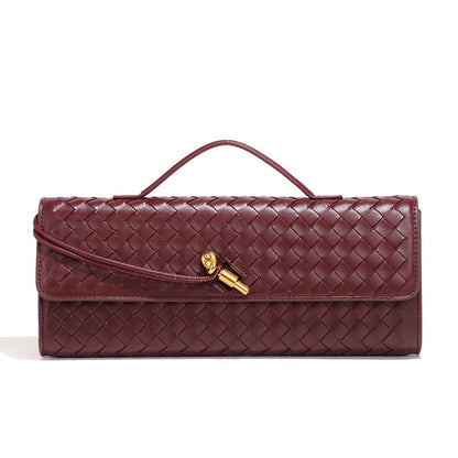 Wine Red Luxury Woven PU Leather Clutch - Elegant Women's Evening Baguette Bag with Adjustable Shoulder Strap V888-ELOSUNG11558