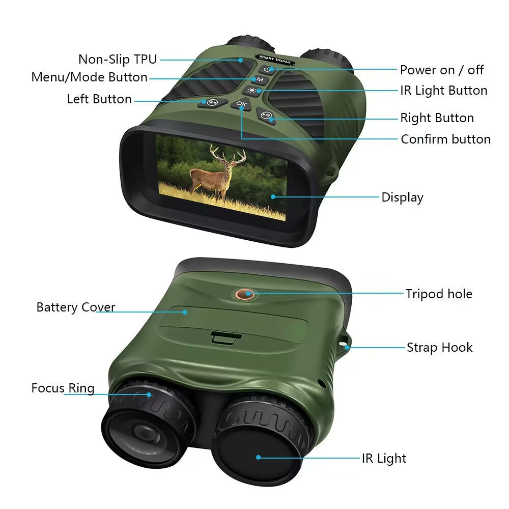 Green Digital Night Vision Binoculars - 3.0'' IPS Screen, 10X Optical Zoom, 2.5K Video Recording, Infrared V888-ELOSUNG11665