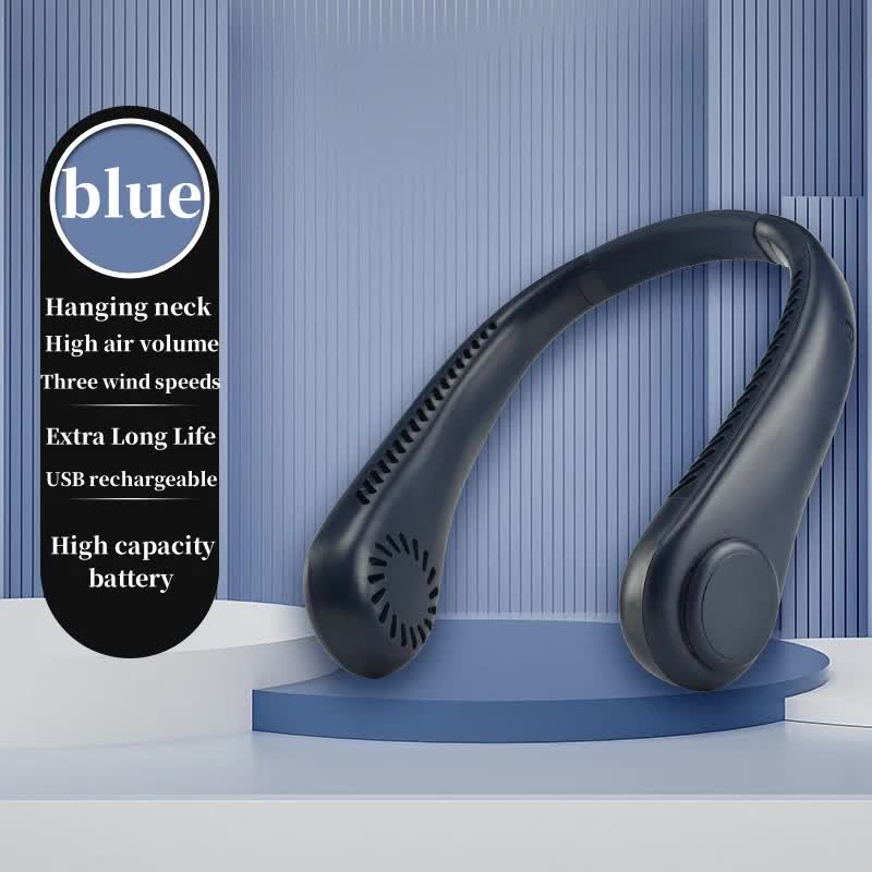 2PCS Blue Leafless Hanging Neck Fan - Rechargeable Portable Hands-Free Cooling Fan with 3 Speeds V888-ELOSUNG11740