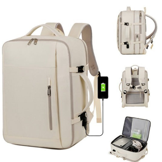 Beige Expandable Backpack with USB Port - Multi-Functional Outdoor, Commuter & Laptop Bag V888-ELOSUNG11748