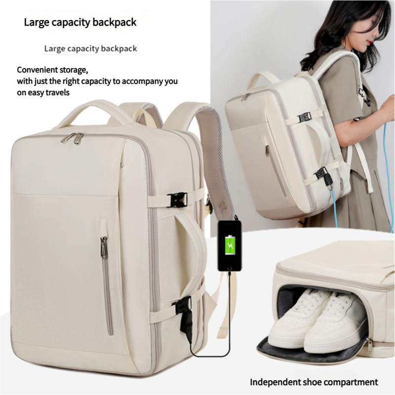 Beige Expandable Backpack with USB Port - Multi-Functional Outdoor, Commuter & Laptop Bag V888-ELOSUNG11748