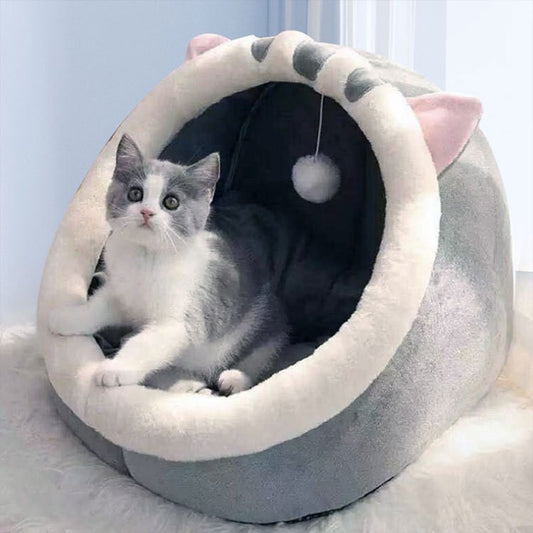 Gray Half-Enclosed Cat Bed - Soft Short Velvet Fabric with Sponge + PP Cotton Filling, M Size (35x35x30cm) V888-ELOSUNG11795