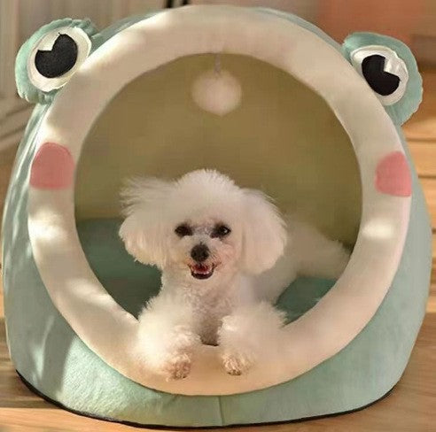 Green Frog Half-Enclosed Cat Bed - Soft Short Velvet Fabric with Sponge + PP Cotton Filling, S Size V888-ELOSUNG11805