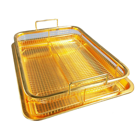 BBQ Square Non-Stick Stainless Steel Grill Basket - Gold Color, Small Size (30*22*5.5 cm), Ideal for Grilling V888-ELOSUNG11880