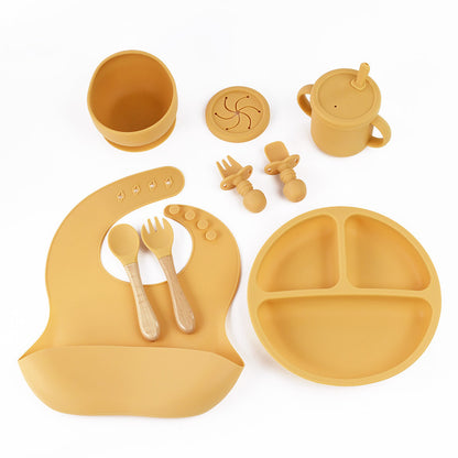 Yellow 8-Piece Silicone Children's Tableware Set - BPA-Free Baby Feeding Utensils with Wooden Fork and Spoon, V888-ELOSUNG11933