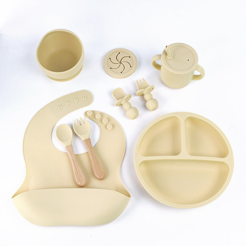 Beige 8-Piece Silicone Children's Tableware Set - BPA-Free Baby Feeding Utensils with Wooden Fork and Spoon, V888-ELOSUNG11934
