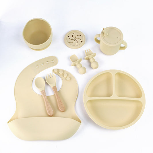Beige 8-Piece Silicone Children's Tableware Set - BPA-Free Baby Feeding Utensils with Wooden Fork and Spoon, V888-ELOSUNG11934
