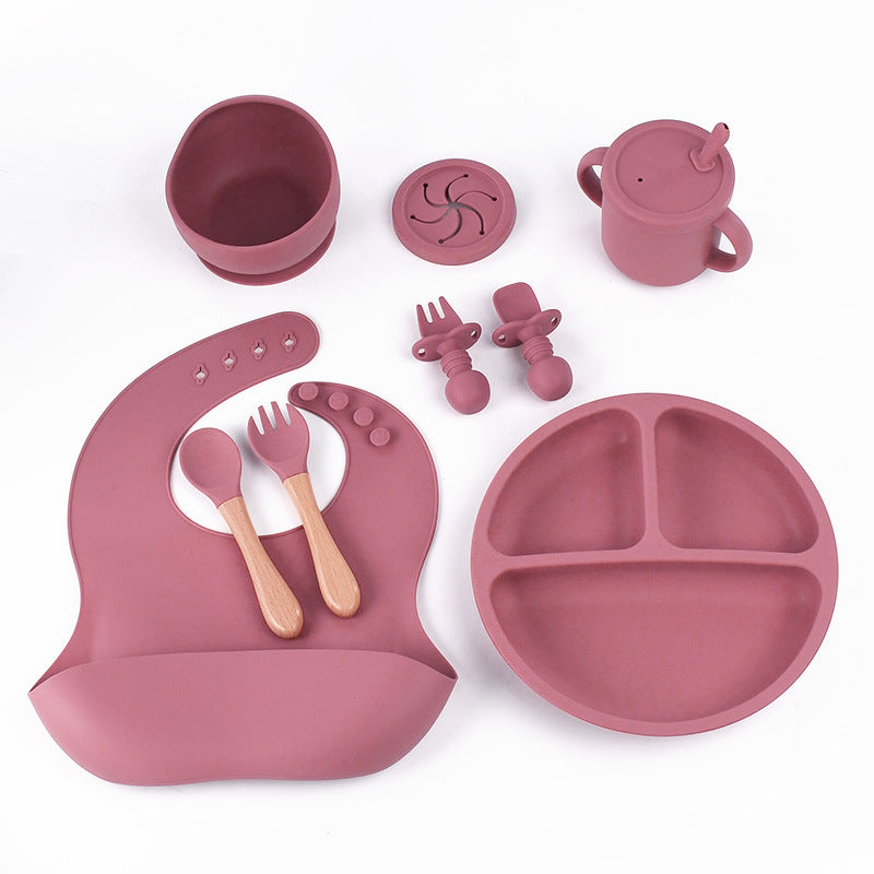 Rose Red 8-Piece Silicone Children's Tableware Set - BPA-Free Baby Feeding Utensils with Wooden Fork and V888-ELOSUNG11935