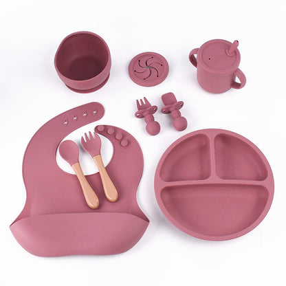 Rose Red 8-Piece Silicone Children's Tableware Set - BPA-Free Baby Feeding Utensils with Wooden Fork and V888-ELOSUNG11935