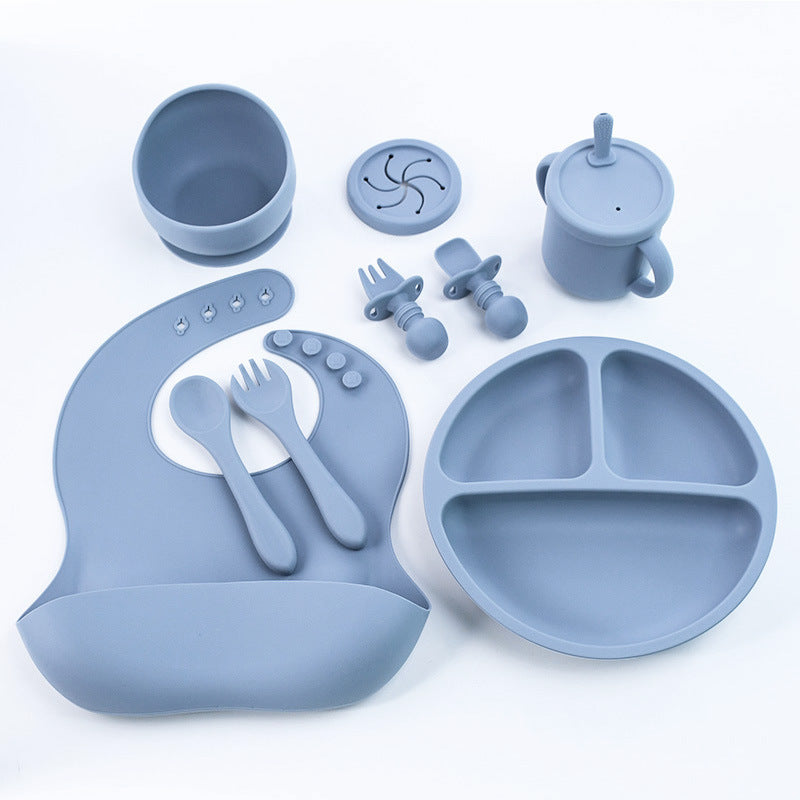 Blue 8-Piece Silicone Children's Tableware Set - BPA-Free Baby Feeding Utensils with Fork, Spoon, Cup, Bowl, V888-ELOSUNG11936