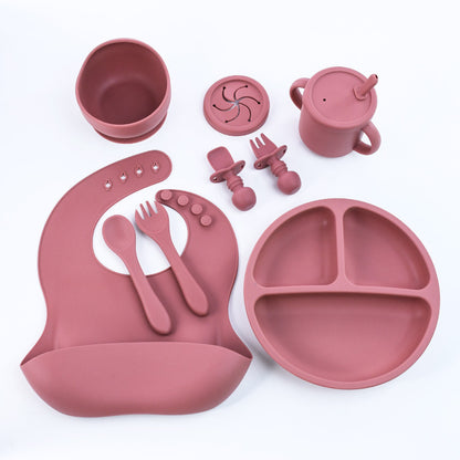 Rose Red 8-Piece Silicone Children's Tableware Set - BPA-Free Baby Feeding Utensils with Fork, Spoon, Cup, V888-ELOSUNG11939