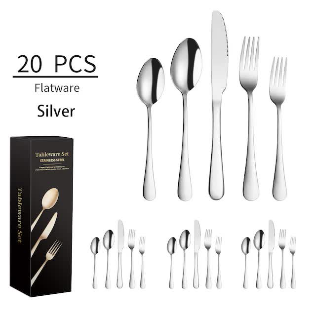 Silver 410 Stainless Steel Cutlery Set - Western Steak Knife, Fork & Spoon Set, 4 Set/20-Piece Dinnerware Set V888-ELOSUNG11940