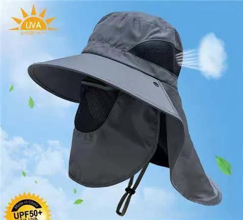 Dark Grey Outdoor UV Protection Hat for Men - Detachable Face & Neck Shield, Large Brim Sun Hat for Fishing, V888-ELOSUNG12058