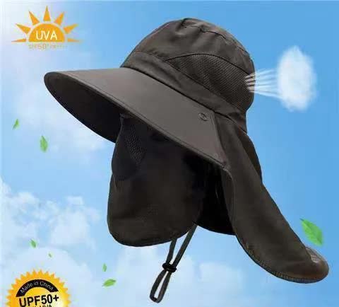 Black Outdoor UV Protection Hat for Men - Detachable Face & Neck Shield, Large Brim Sun Hat for Fishing, V888-ELOSUNG12061