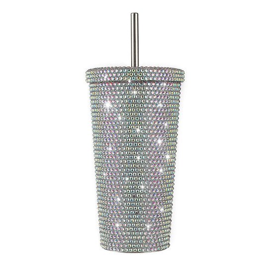Diamond-Inlaid Insulated 304 Stainless Steel Cup with Straw - Double-Walled, Rhinestone Coffee Mug, Gift Cup V888-ELOSUNG12102