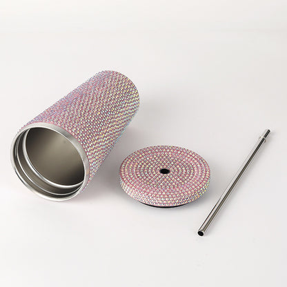 Diamond-Inlaid Insulated 304 Stainless Steel Cup with Straw - Double-Walled, Rhinestone Coffee Mug, Gift Cup V888-ELOSUNG12102