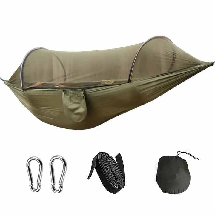 Military Green Outdoor Camping Hammock with Mosquito Net, Anti-Tip Nylon Fabric, Single/Double Person V888-ELOSUNG12295