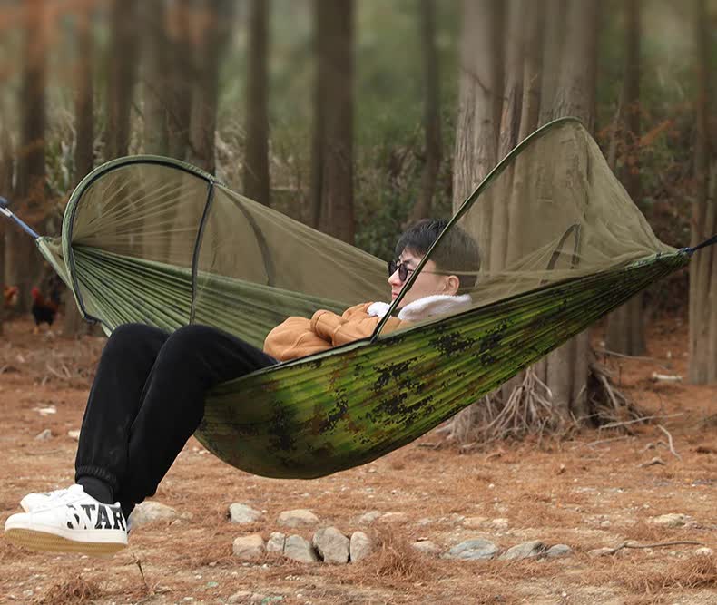 Military Green Outdoor Camping Hammock with Mosquito Net, Anti-Tip Nylon Fabric, Single/Double Person V888-ELOSUNG12295