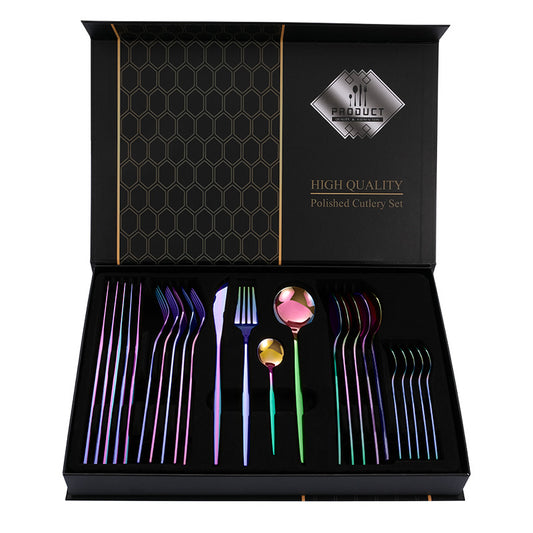 Colorful Color Premium 24-Piece Stainless Steel Cutlery Set - Elegant Golden Steak Knife, Fork, and Spoon Set V888-ELOSUNG12356