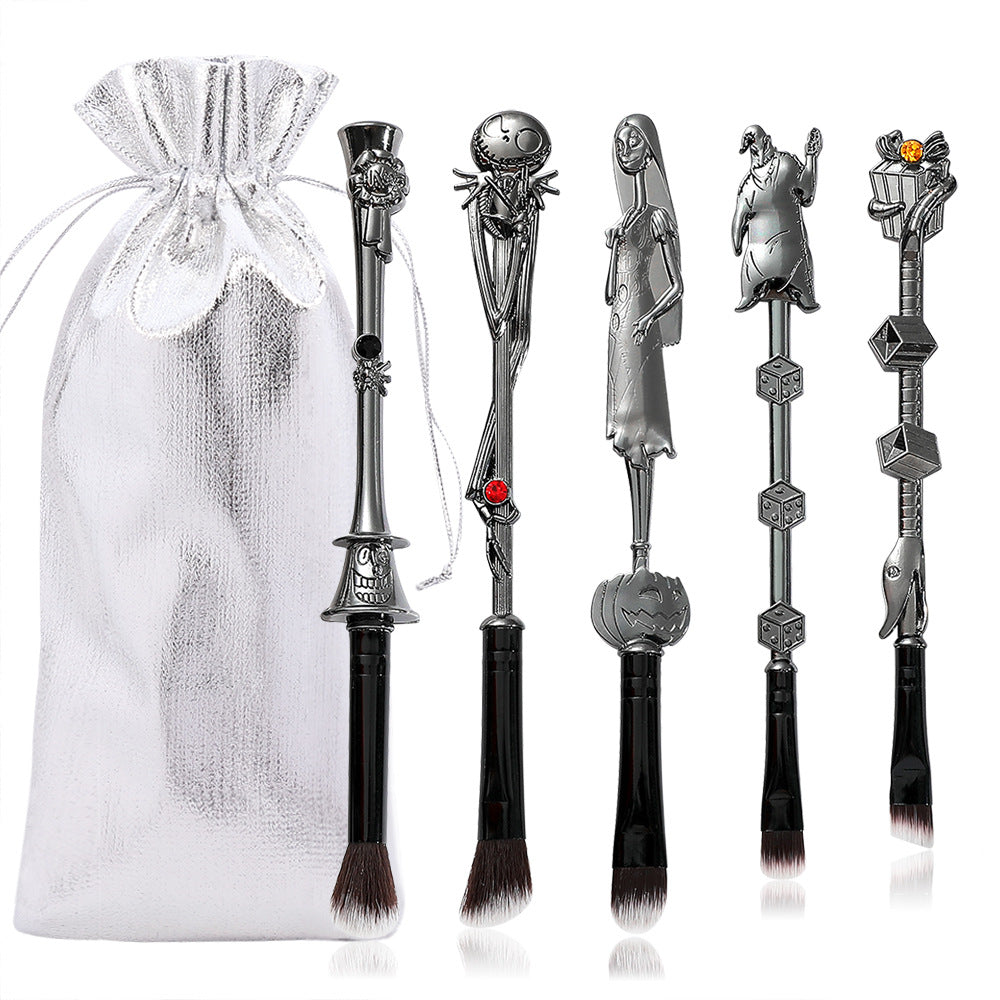 5-Piece Gothic Skeleton Jack Makeup Brush Set - Halloween Horror-Themed Metal Eyeshadow Brushes for Creative V888-ELOSUNG12401