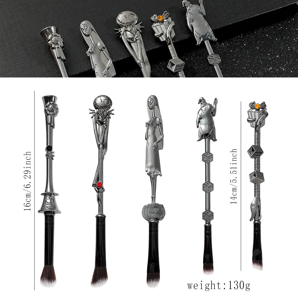 5-Piece Gothic Skeleton Jack Makeup Brush Set - Halloween Horror-Themed Metal Eyeshadow Brushes for Creative V888-ELOSUNG12401