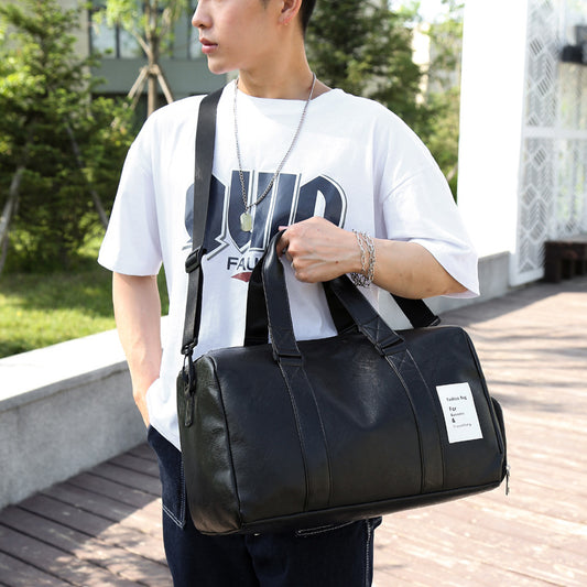 Black Men's Large-Capacity PU Leather Gym Bag - Travel, Shoulder, and Duffel Bag for Fitness and Yoga V888-ELOSUNG12429