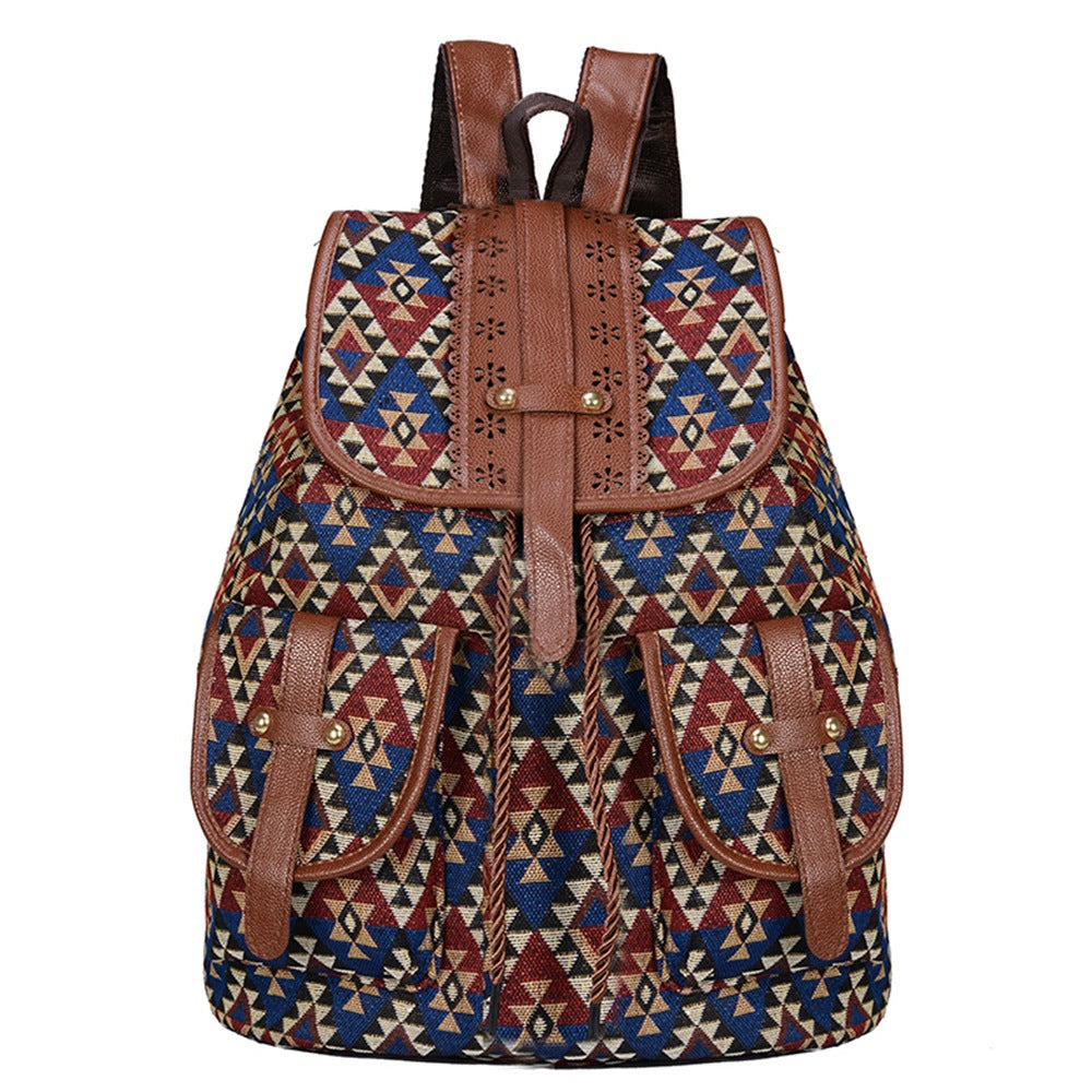 Lozenge Pattern Bohemian Style Canvas Backpack - Vintage Tribal Pattern Travel Bag with Leather Straps V888-ELOSUNG12567