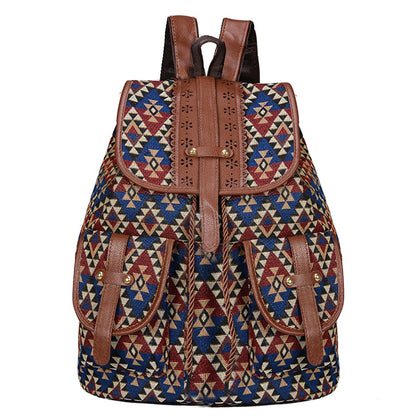 Lozenge Pattern Bohemian Style Canvas Backpack - Vintage Tribal Pattern Travel Bag with Leather Straps V888-ELOSUNG12567