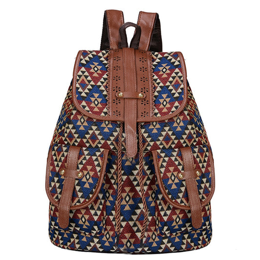 Lozenge Pattern Bohemian Style Canvas Backpack - Vintage Tribal Pattern Travel Bag with Leather Straps V888-ELOSUNG12567