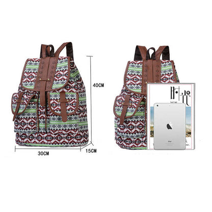 Lozenge Pattern Bohemian Style Canvas Backpack - Vintage Tribal Pattern Travel Bag with Leather Straps V888-ELOSUNG12567