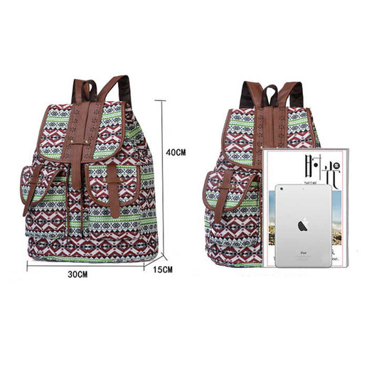 Lozenge Pattern Bohemian Style Canvas Backpack - Vintage Tribal Pattern Travel Bag with Leather Straps V888-ELOSUNG12567