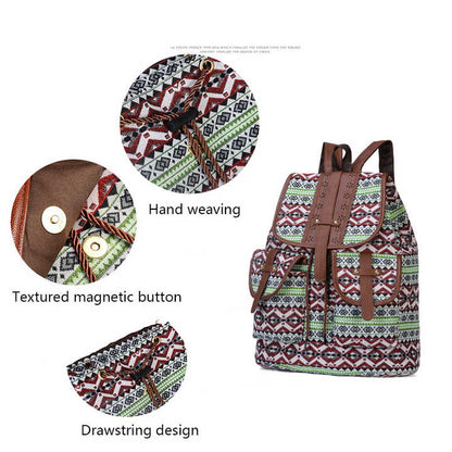 Lozenge Pattern Bohemian Style Canvas Backpack - Vintage Tribal Pattern Travel Bag with Leather Straps V888-ELOSUNG12567