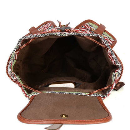 Lozenge Pattern Bohemian Style Canvas Backpack - Vintage Tribal Pattern Travel Bag with Leather Straps V888-ELOSUNG12567