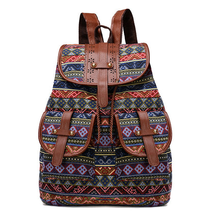Diamond Pattern Bohemian Style Canvas Backpack - Vintage Tribal Pattern Travel Bag with Leather Straps V888-ELOSUNG12569