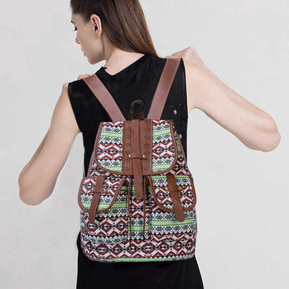 Diamond Pattern Bohemian Style Canvas Backpack - Vintage Tribal Pattern Travel Bag with Leather Straps V888-ELOSUNG12569