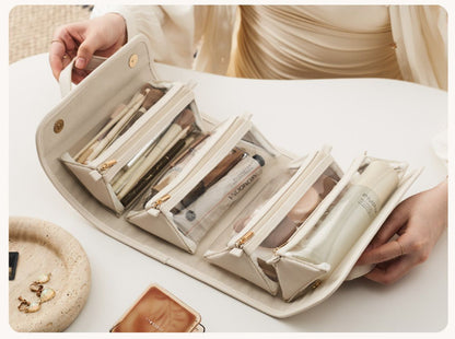 White Roll-Up Travel Makeup Bag - Compact Cosmetic Organizer with Multiple Compartments V888-ELOSUNG12604