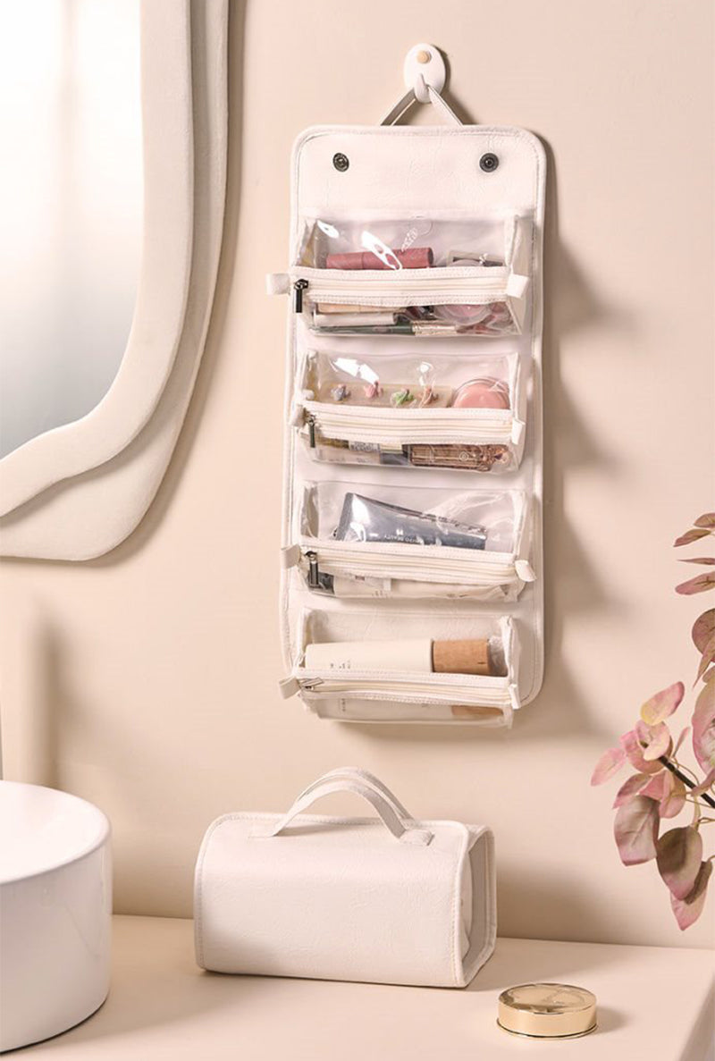 White Roll-Up Travel Makeup Bag - Compact Cosmetic Organizer with Multiple Compartments V888-ELOSUNG12604