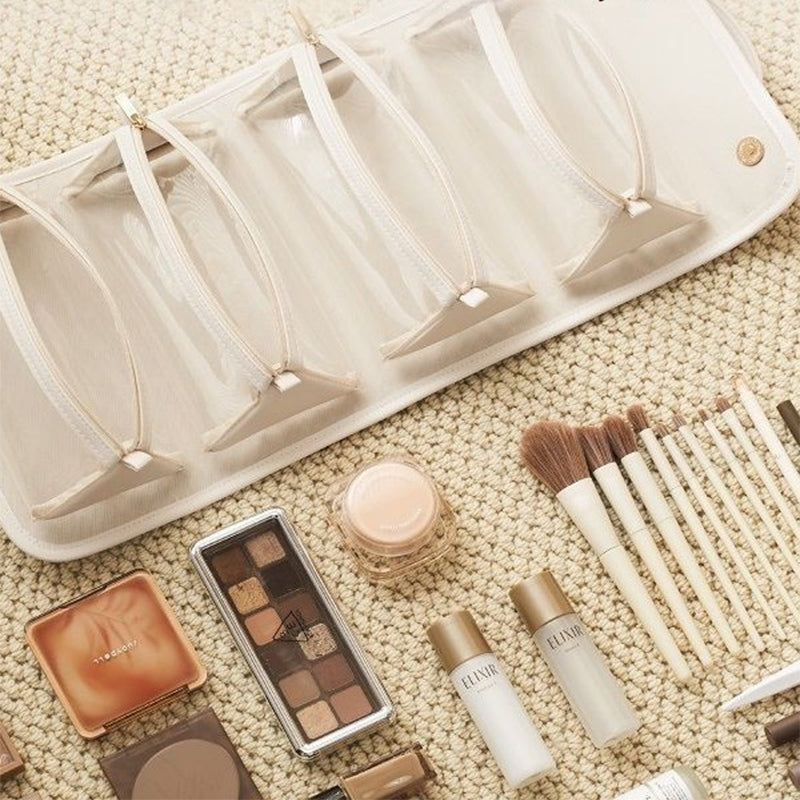 Brown Roll-Up Travel Makeup Bag - Compact Cosmetic Organizer with Multiple Compartments V888-ELOSUNG12605