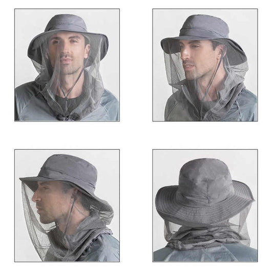 Beige Outdoor Mosquito Net Hat - Sun Protection and Insect Repellent Bucket Hat V888-ELOSUNG12640
