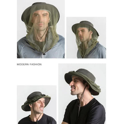 Beige Outdoor Mosquito Net Hat - Sun Protection and Insect Repellent Bucket Hat V888-ELOSUNG12640