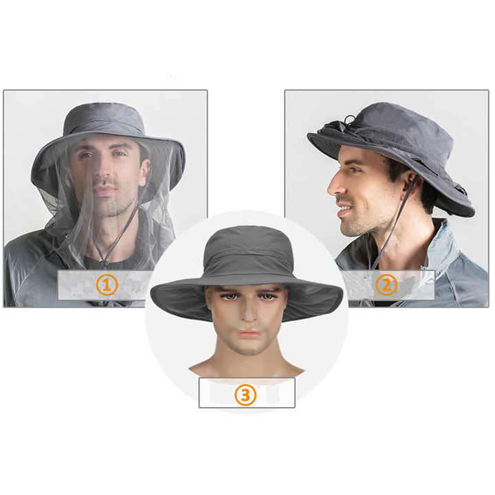 Black Outdoor Mosquito Net Hat - Sun Protection and Insect Repellent Bucket Hat V888-ELOSUNG12641