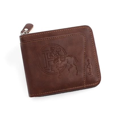 Dark Brown Men's Leather Wallet with Zipper and Horse Embossed Design - Compact and Stylish V888-ELOSUNG12757